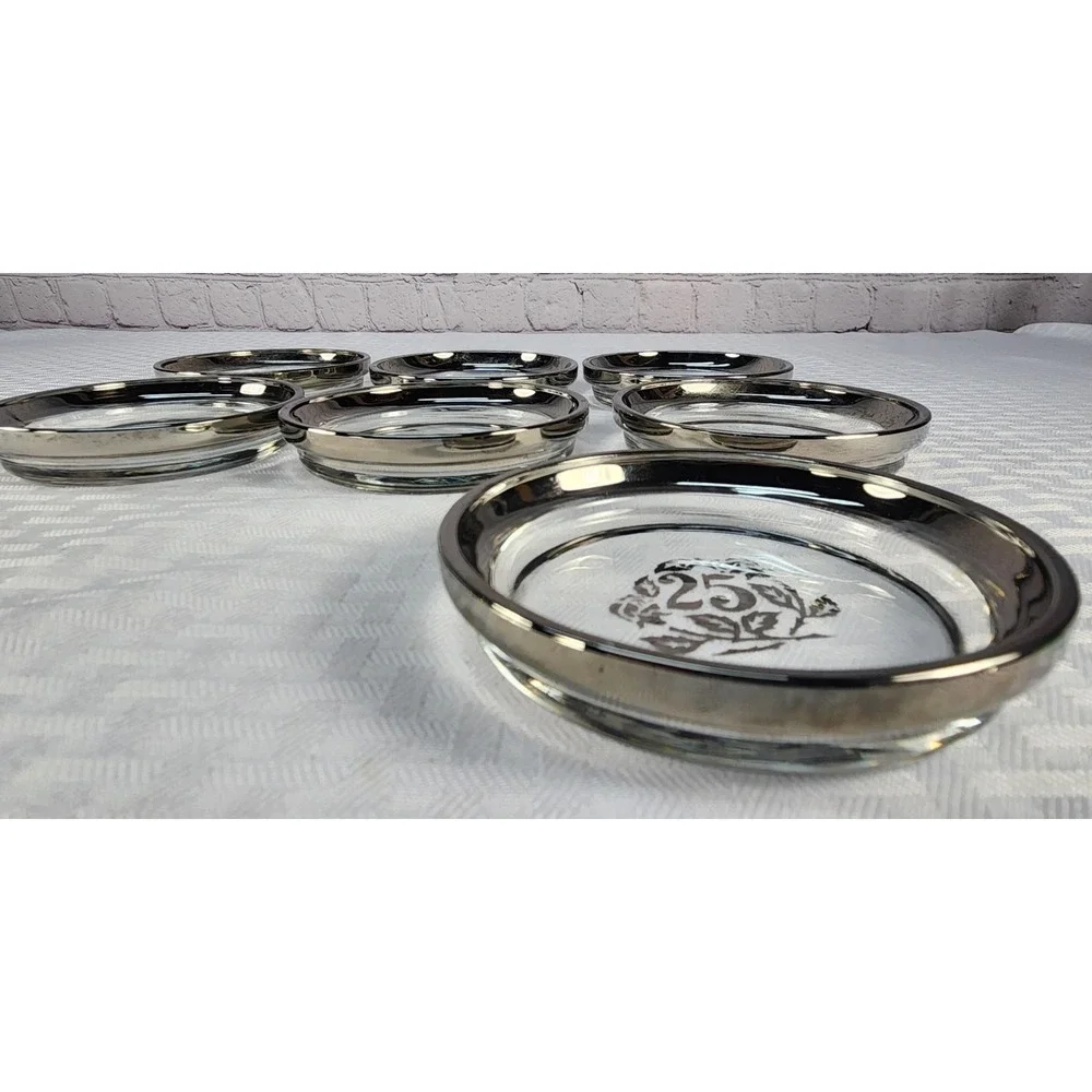 Vtg Set of 7  25th Anniversary Coasters Clear Glass w Platinum / Silver Edging